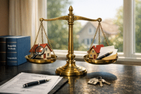 Weegschaal op een zwart bureau met links een miniatuurhuis en vergrootglas en rechts een miniatuurhuis met documenten en pen, met wetboeken en raam op de achtergrond.